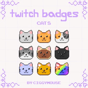 Cat Face Sub Badges for Twitch, Pixel Art Bit Badges, Cute Kitty Cat Heads, Kawaii Kitten, Feline Pet, Premade Streaming Assets, Emotes