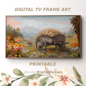 Rustikaler Blumenwagen-Rahmen TV-Kunst | Vintage ländliche Landschaftsmalerei | Wildblumen Samsung Rahmen TV Art Digital Download