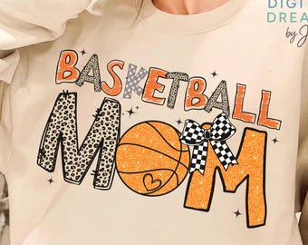 Imagen PNG de una mamá aficionada al baloncesto, estampado de leopardo y lazo a cuadros (descarga digital).