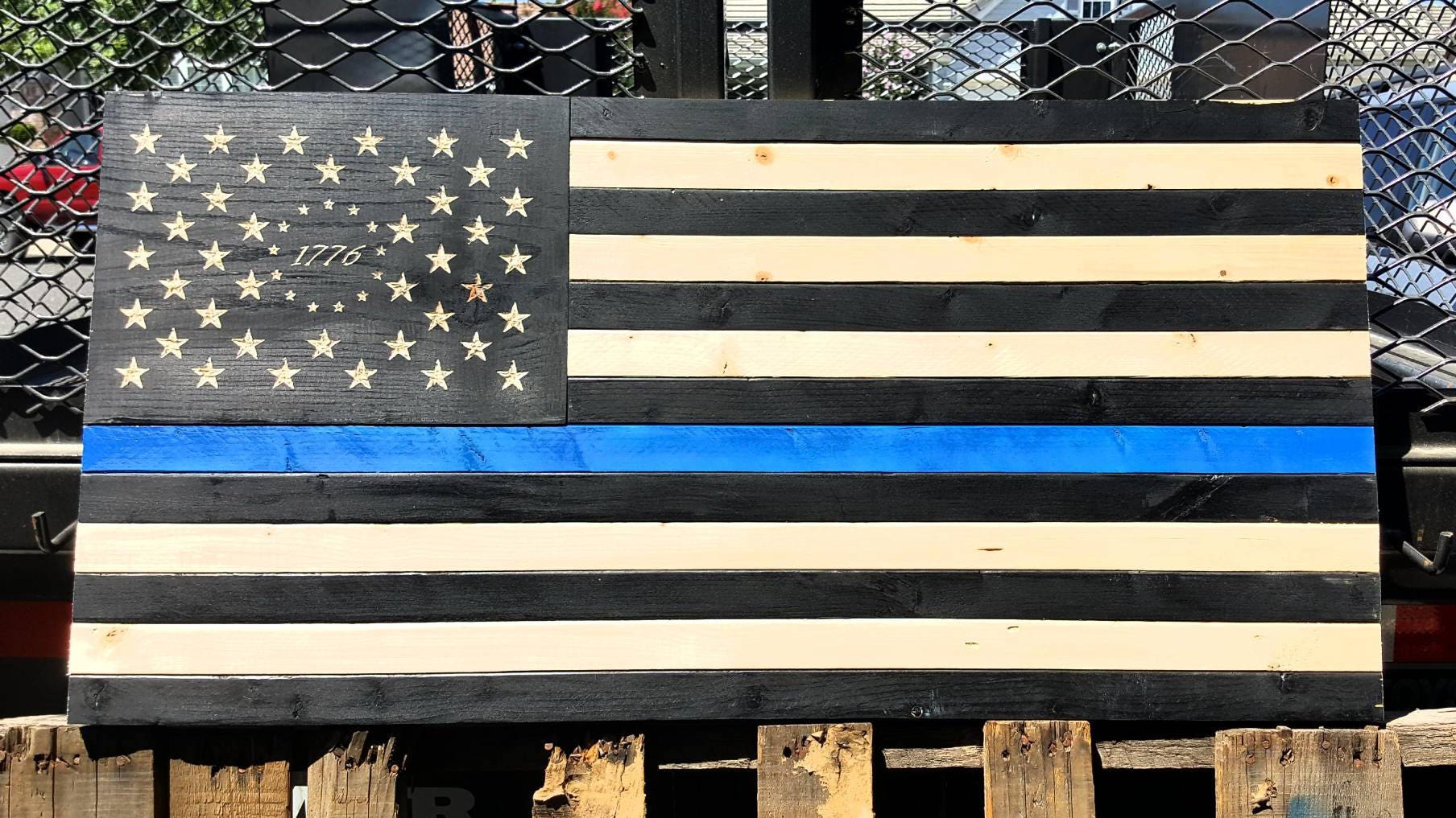 Thin Blue Line Wood Betsy Ross Flag Hand Carved Stars 