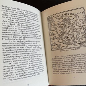May include: An open book with black text on white pages. The left page discusses the planet Venus and Saint Jerome. The right page features a black and white woodcut illustration labeled LVCIFERO and Dante's Satan-Lucifer Hybrid with descriptive text.