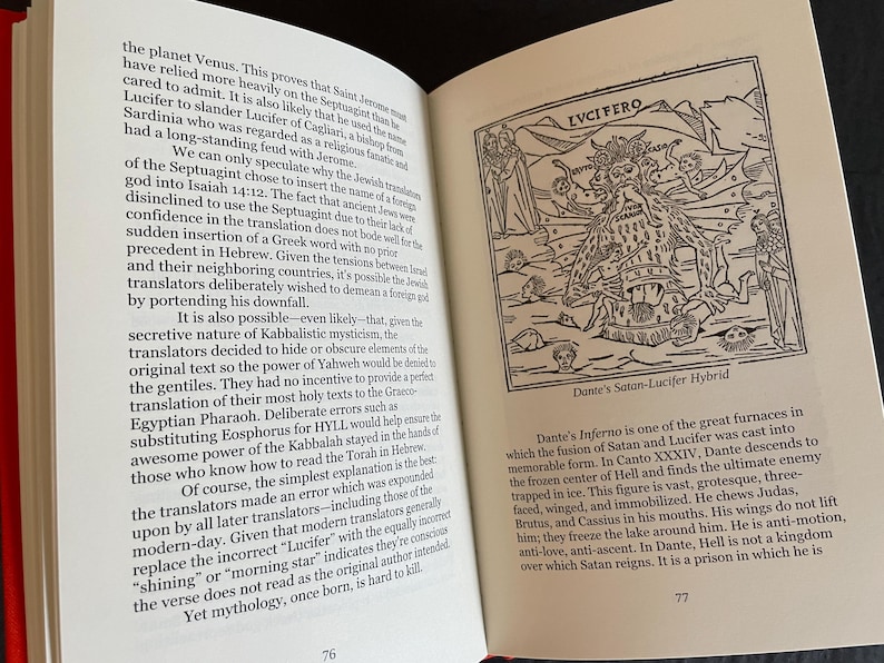 May include: An open book with black text on white pages. The left page discusses the planet Venus and Saint Jerome. The right page features a black and white woodcut illustration labeled LVCIFERO and Dante's Satan-Lucifer Hybrid with descriptive text.