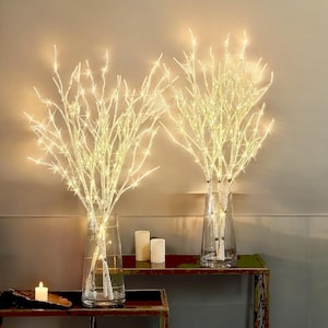 Puede incluir: Dos juegos de ramas blancas de sauce con luces LED blanco cálido en jarrones de vidrio transparente sobre una mesa de madera marrón.