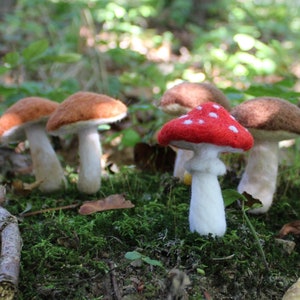 Conjunto de 2 ou 3 cogumelos de lã feltrada, decoração sazonal de outono.