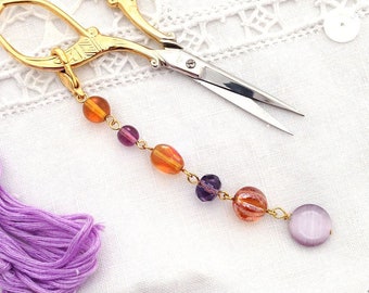 Purple and Amber Scissors Fob Scissors Keeper Czech Beads