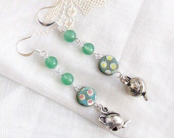 Mint Tea  Dangle  Earrings  Teapot Kettle Aventurine Czech Peacock beads Green Seafoam