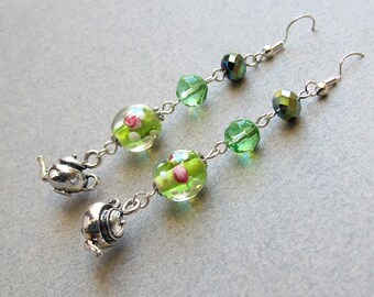 Green Floral Tea  Dangle  Earrings Miniature Teapot Kettle