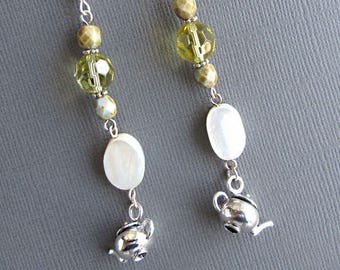 White Tea Dangle Earrings Long Mother of Pearl Glass Bead Teapot Kettle Charm Boho Chic