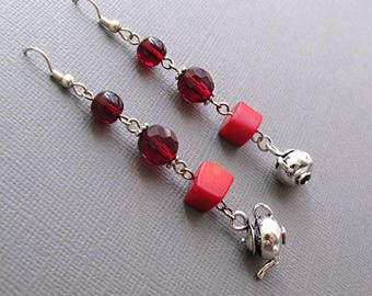 Hibiscus Tea Red Dangle Earrings Long Karkade Coral Glass Bead Teapot Kettle Charm Boho Chic