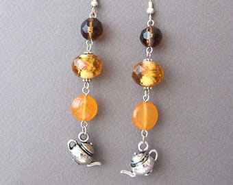 Apricot Tea Dangle  Earrings Orange Lampwork Glass Teapot Kettle Charm Boho Chic