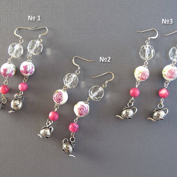 PInk 5 O'clock Tea Dangle Earrings Long English Tea Porcelain Crystal Glass Bead Teapot Kettle Charm Boho Chic