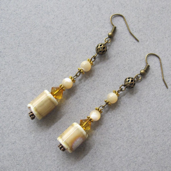 Beige Ceramic and Shell Dangle Earrings