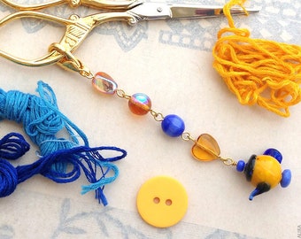 Scissors Fob Blue Yellow Czech Beads Lampwork Teapot