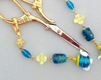 Scissors Fob Scissors Keeper Teal Aqua Lemon Yellow Beads Lampwork Teapot