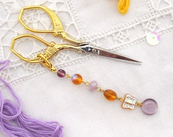 Amber and Purple Scissors Fob Scissors Keeper  Butterfly  Czech Beads