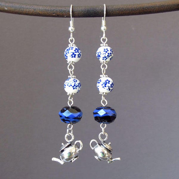 Blue 5 O'clock Tea Dangle Earrings Long English Tea Porcelain Lampwork Glass Bead Teapot Kettle Charm Boho Chic