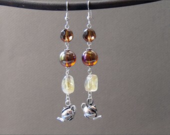 Tea with Honey Dangle Earrings Long Citrine Nuggets  Glass Bead Teapot Kettle Charm Boho Chic