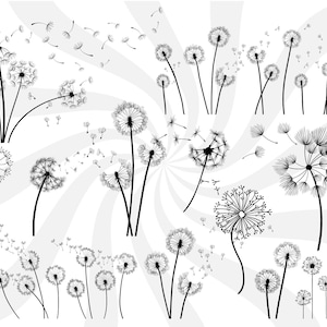 May include: Black and white line art illustration of multiple dandelion flowers with seeds blowing in the wind.