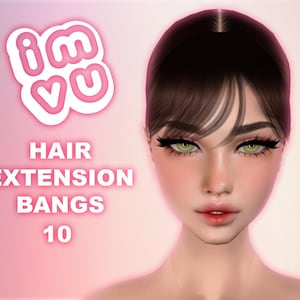 Puede incluir: Una imagen digital de una mujer con cabello oscuro y ojos verdes. La imagen incluye el texto "IMVU" en un logotipo rosa y las palabras "HAIR EXTENSION BANGS 10" en texto blanco.