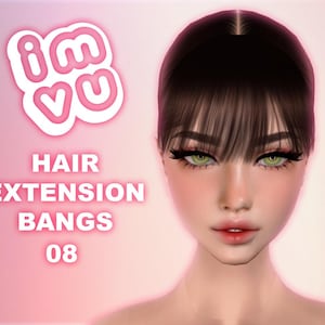 Puede incluir: Ilustración digital de una mujer con cabello oscuro y flequillo, ojos verdes y labios carnosos. La imagen incluye el texto "imvu" en un logotipo rosa y las palabras "HAIR EXTENSION BANGS 08" en texto blanco.