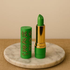 Op de afbeelding: Een groene lipstick tube met gouden accenten en Chinese karakters gedrukt op de zijkant. De lipstick staat op een wit marmeren oppervlak.