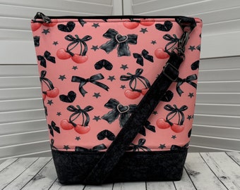 Gothic Coquette Crossbody Bag Bows and Cherries Shoulder Bag Pink and Black Tote Bag Cherry Coquette Bag Ready To Ship