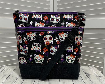 Sugar Skull Cats Crossbody Bag Purple and Black Day of The Dead Cats Shoulder Bag Muertas Cats Tote Bag Ready To Ship