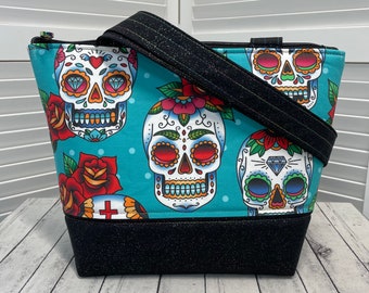 Sugar Skulls  Zippered Tote Bag Day of The Dead Skull Shoulder Bag Teal and Black Purse Ready To Ship