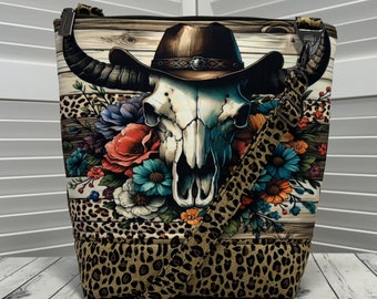 Floral Cow Skull Crossbody Bag Skulls and Roses Shoulder Bag Leopard Print Tote Bag Country Western Tote Bag Ready To Ship