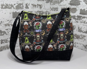 Alien Invasion Crossbody Bag Science Fiction Horror Shoulder Bag UFO Tote Bag Green and Black Tote Bag Ready To Ship
