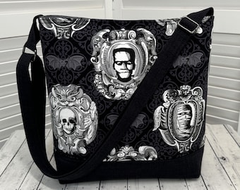 Monster Portraits Crossbody Bag Gothic Bats Shoulder Bag Halloween Tote Bag Gray and Black Tote Bag Ready To Ship