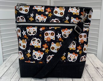 Sugar Skull Cats Crossbody Bag Black and Orange Day of The Dead Cats Shoulder Bag Muertas Cats Tote Bag Ready To Ship