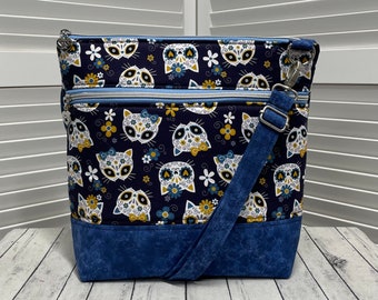 Sugar Skull Cats Crossbody Bag Blue and Gold Day of The Dead Cats Shoulder Bag Muertas Cats Tote Bag Ready To Ship