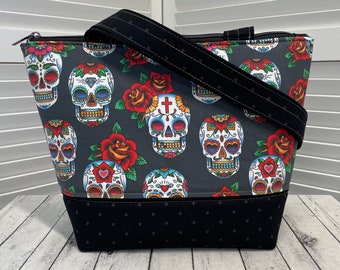 Sugar Skulls Tote Bag Day of The Dead Skull Shoulder Bag Gray and Black Handbag Tattoo Skulls Bag Ready To Ship