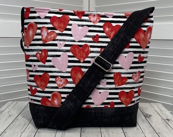 Heart Shoulder Bag Valentines Crossbody Bag Black and White Stripe Bag  Ready To Ship