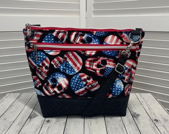 Patriotic Skulls Crossbody Bag Americana Themed Zippered PurseBiker Skulls Shoulder Bag Red White and Blue Bag Ready To Ship