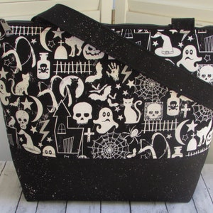 Ghosts and Goblins Tote Bag Spider Tote Bag Grave Yard Tote Bag Black and White Shoulder Bag Ready To Ship