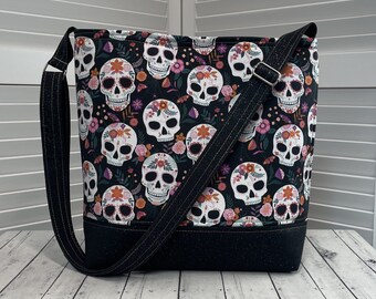 Floral Skulls Crossbody Bag Pink and Black Skull Shoulder Bag Sugar Skulls Tote Bag Ready To Ship