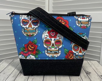 Sugar Skulls  Zippered Tote Bag Day of The Dead Skull Shoulder Bag Blue and Black Purse Ready To Ship