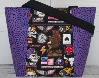 Biker Tote Bag Sturgis Black Hills Rally Bag Biker Tattoo Shoulder Bag Purple and Black Bag Everyday Tote Bag Ready To Ship