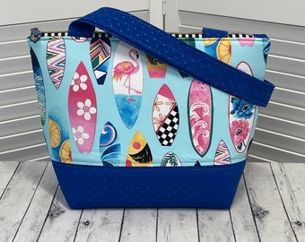 Surf Board Tote Bag Beach Themed Handbag Surf Boards Shoulder Bag Royal Blue and Black Bag Hawaiian Shoulder Bag Ready To Ship