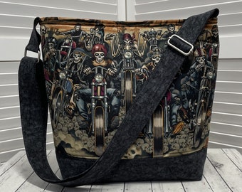 Riders On The Strom Skull Shoulder Bag Alexander Henry Crossbody Bag Biker Skulls Tote Bag  Ready To Ship