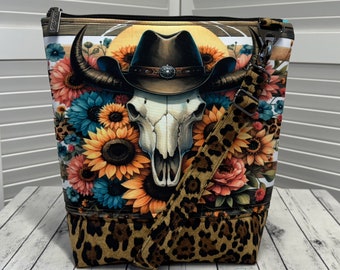 Floral Cow Skull Crossbody Bag Sunflowers Shoulder Bag Leopard Print Tote Bag Country Western Tote Bag Ready To Ship