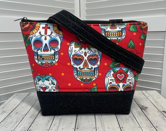 Sugar Skulls  Zippered Tote Bag Day of The Dead Skull Shoulder Bag Red and Black Purse Ready To Ship