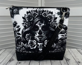 Black and White Sugar Skull Crossbody Bag Mandala Shoulder Bag Day Of The Dead Tote Bag Ready To Ship