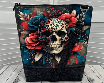 Animal Print Skull Crossbody Bag Floral Skull Shoulder Bag Rose Tattoo Tote Bag Teal and Black Tote Bag Ready To Ship