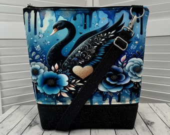 Black Swan Crossbody Bag Royal Blue And Black Floral Shoulder Bag Filigree Heart Tote Bag Ready To Ship