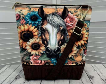 Floral Horse Crossbody Bag Sunflower Shoulder Bag Brown and White Horse Tote Bag Horse Portrait Tote Bag Ready To Ship