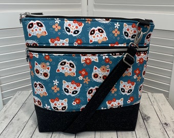 Sugar Skull Cats Crossbody Bag Blue and Orange Day of The Dead Cats Shoulder Bag Muertas Cats Tote Bag Ready To Ship