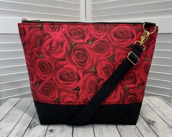 Red Roses Crossbody Bag Red Rose Shoulder Bag Red and Black Tote Bag Ready To Ship